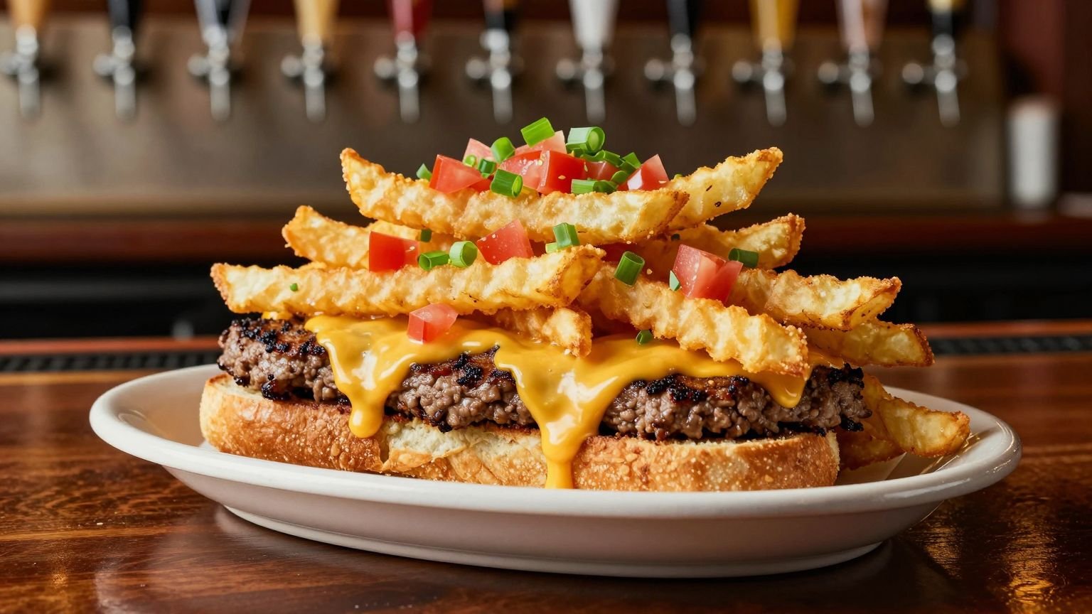 A horseshoe: Texas toast, burger, cheese sauce and fries